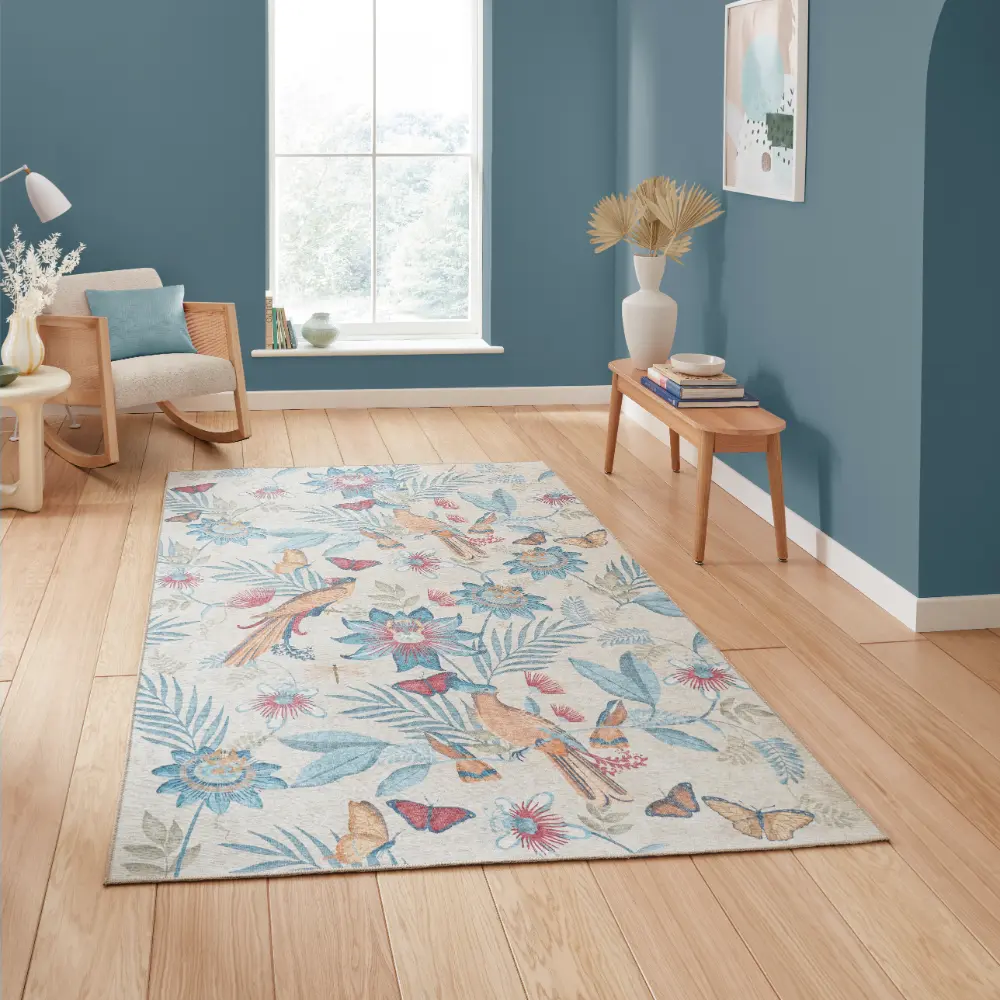 Catherine Lansfield Amaya Tropical Birds Blue Washable  Blue  Rug - Image 2
