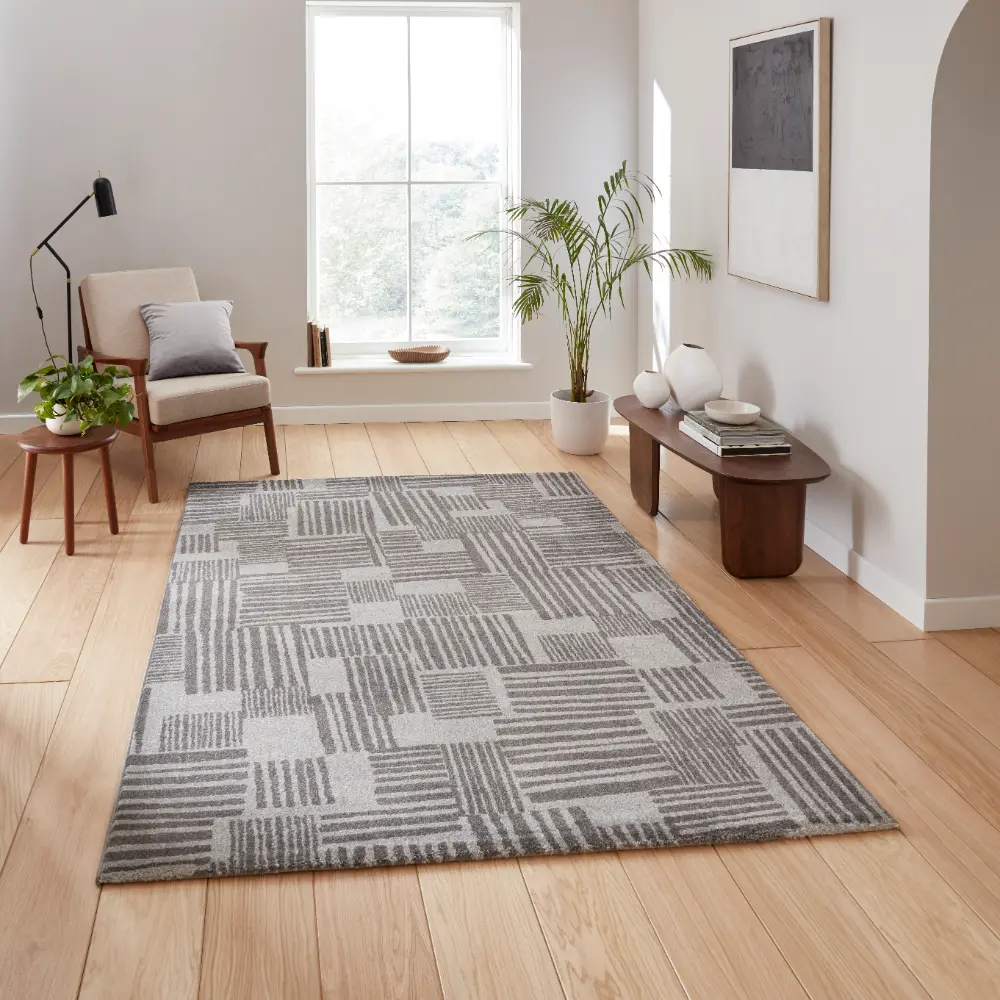 Catherine Lansfield Blocks Modern Abstract Dark Grey Rug
