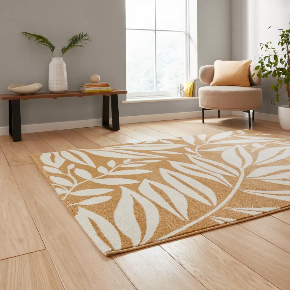 Catherine Lansfield Sorral Leaves Botanical Ochre Rug - Image 2