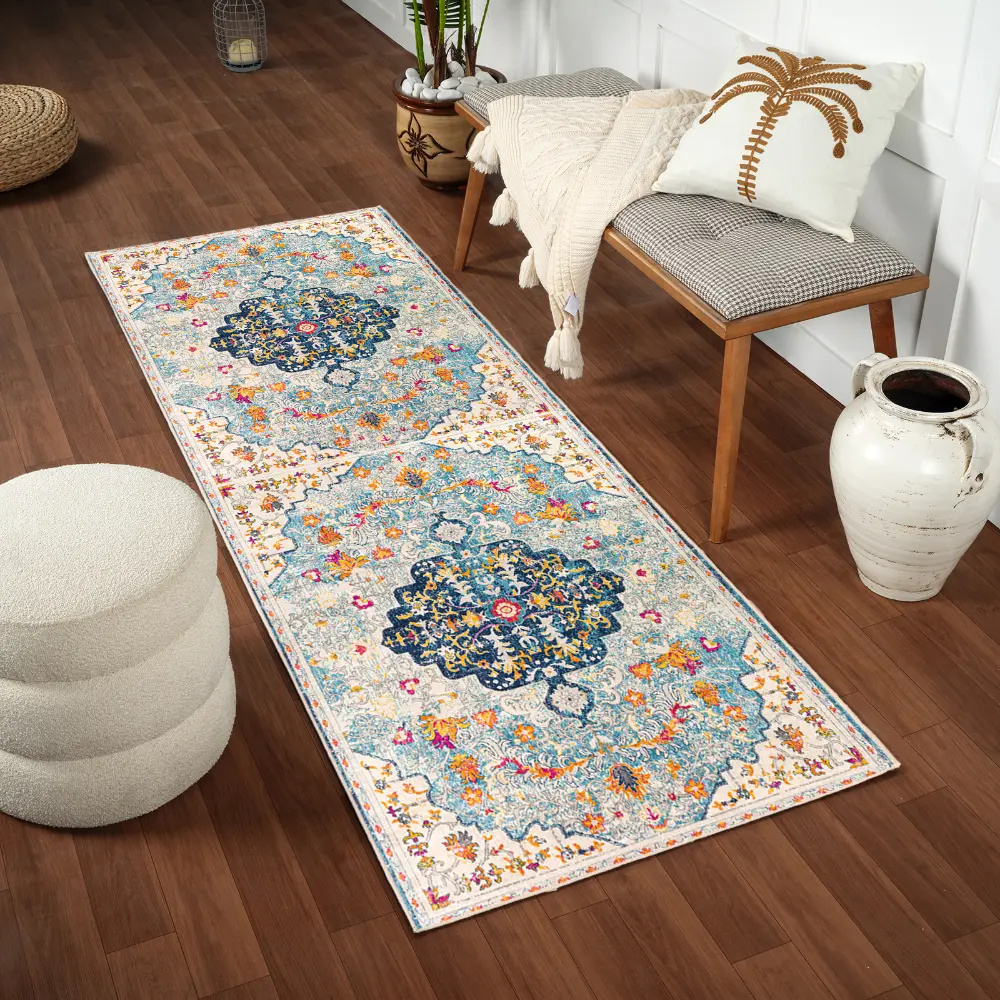 Chinu Vintage Oriental Boho Sky Blue/Saffron Rug - Image 2