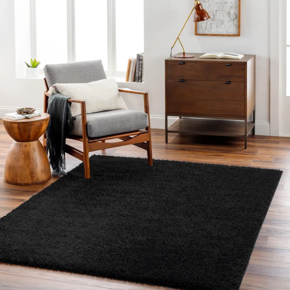 Claire Shaggy Solid Color Plush Pile Black Rug - Image 2