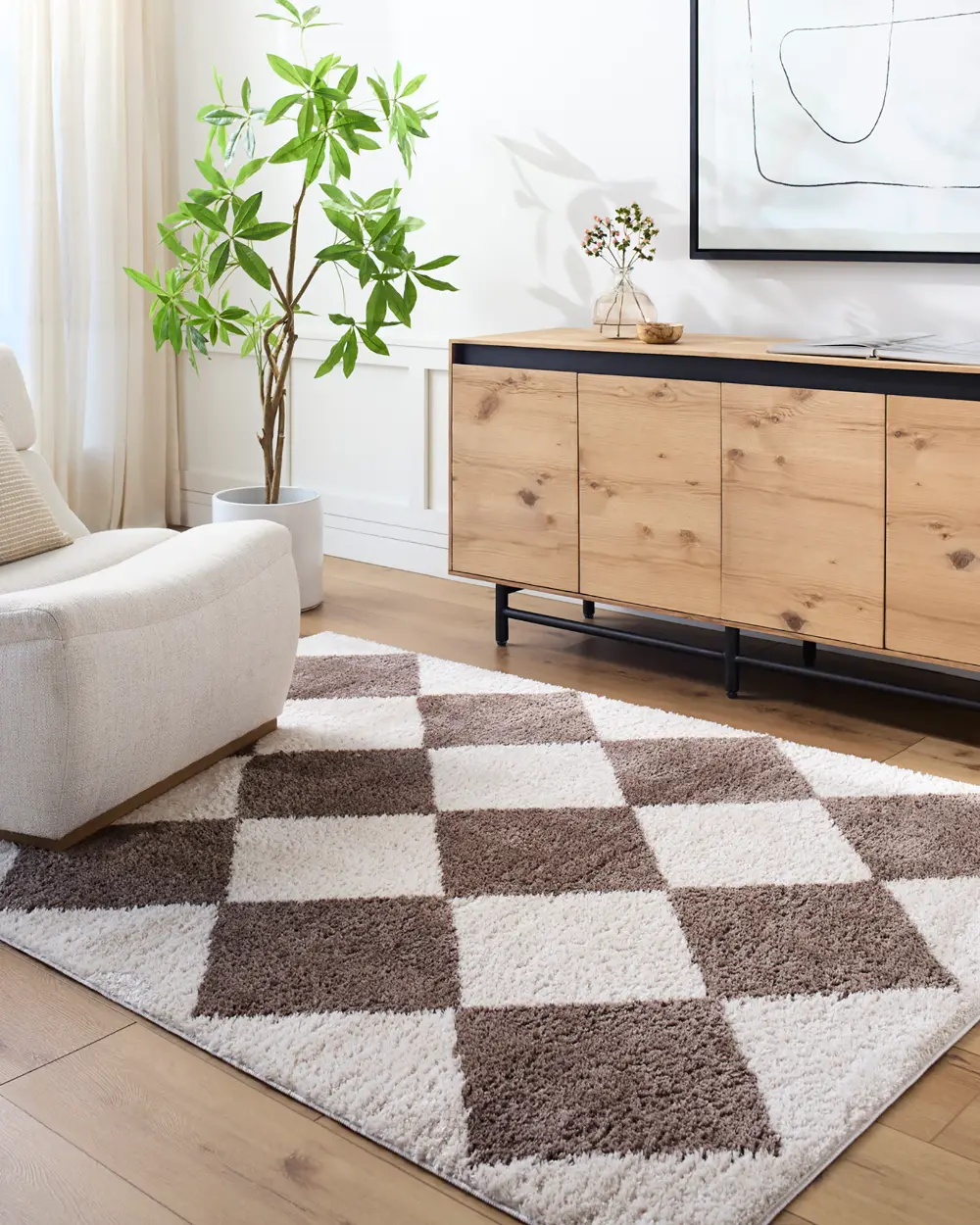 Deline Machine Washable Shaggy Diamond Dark Brown Rug