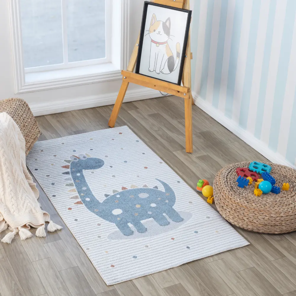 Dino Kids Machine Washable Beige/Grey Bedroom Rug - Image 13