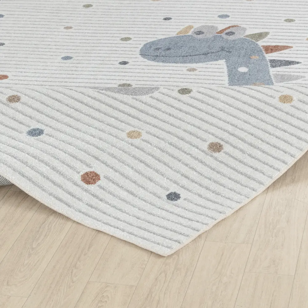 Dino Kids Machine Washable Beige/Grey Bedroom Rug - Image 8