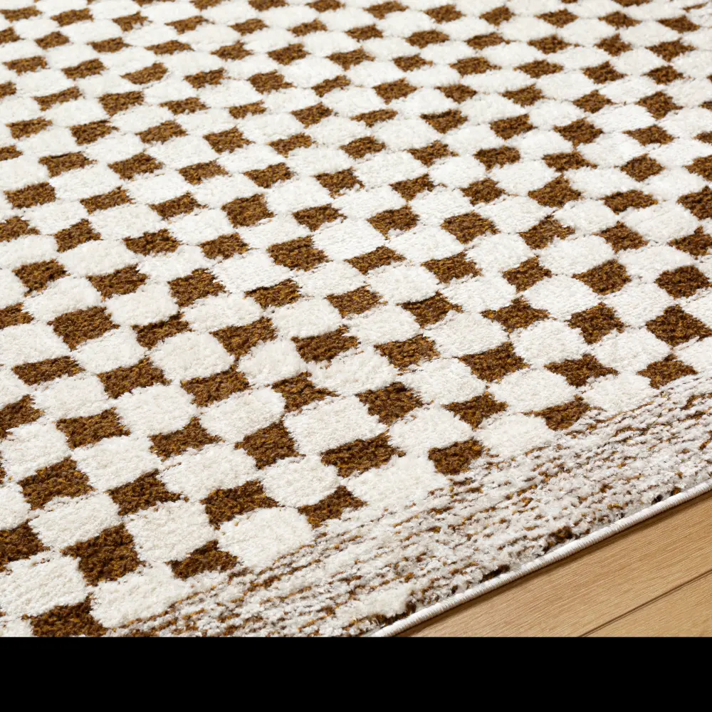 Ekta Scandi Modern High Pile Brown Checkered Rug - Image 8
