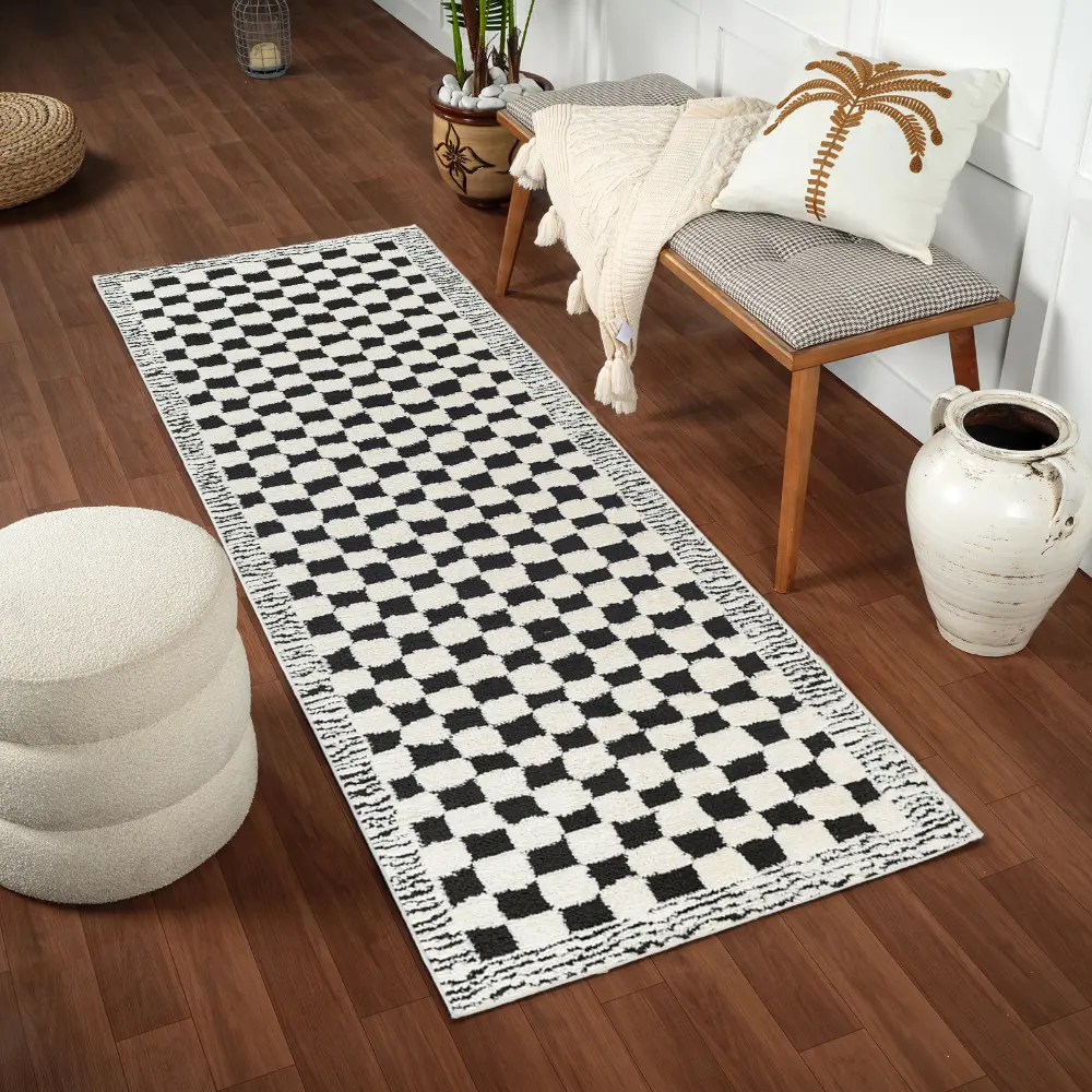 Ekta Scandi Modern High Pile Black Checkered Rug - Image 3