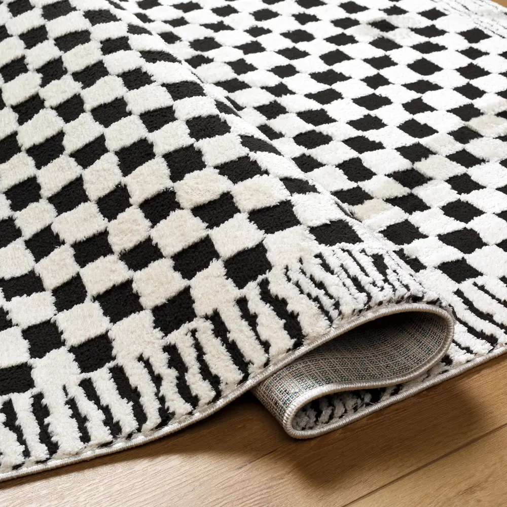 Ekta Scandi Modern High Pile Black Checkered Rug - Image 4