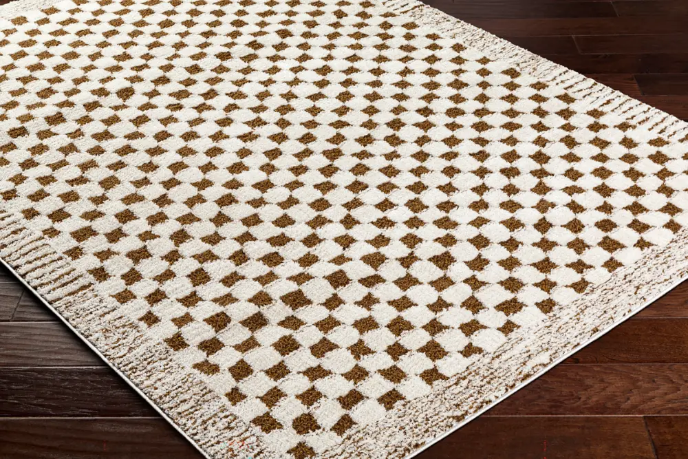 Ekta Scandi Modern High Pile Brown Checkered Rug - Image 3