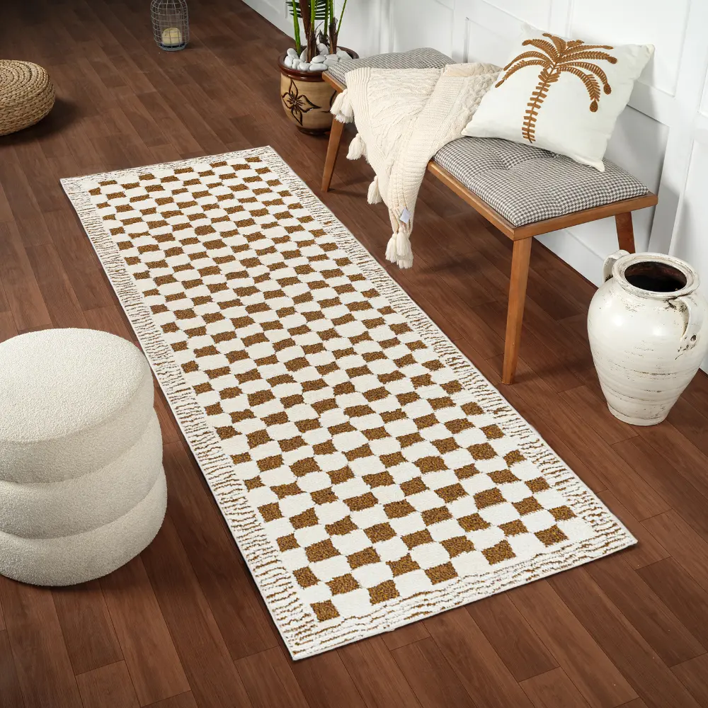 Ekta Scandi Modern High Pile Brown Checkered Rug - Image 4