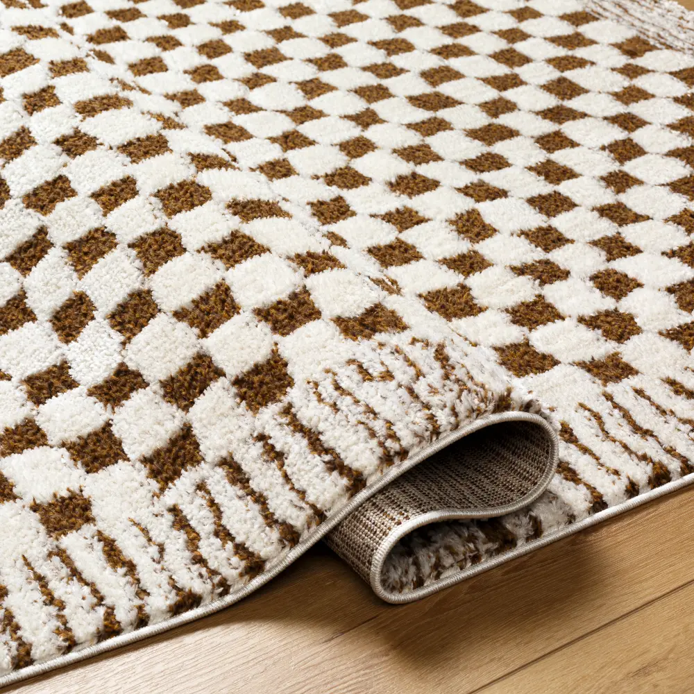 Ekta Scandi Modern High Pile Brown Checkered Rug - Image 6