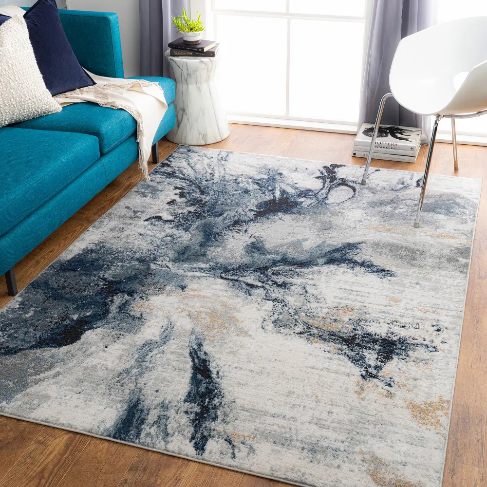 Emma Abstract Modern Marble Dark Blue Rug