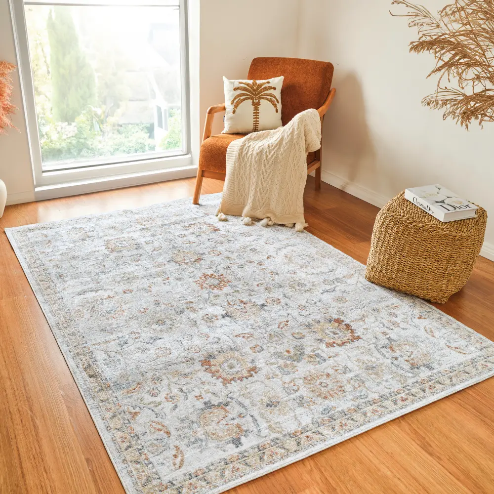 Esther Machine Washable Oriental Boho Grey/Oatmeal Rug