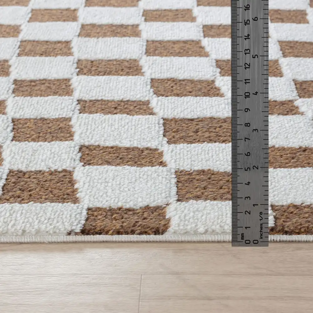 Irina Scandi Modern High Pile Ivory/Brown Checkered Rug - Image 3