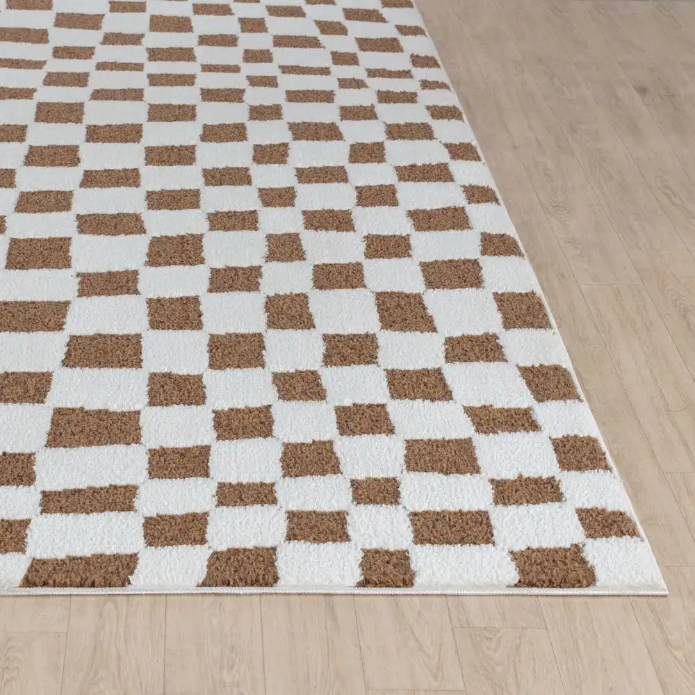 Irina Scandi Modern High Pile Ivory/Brown Checkered Rug - Image 4