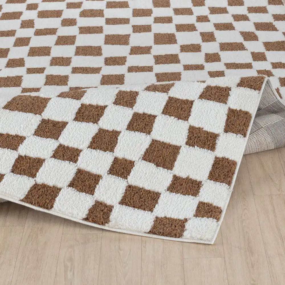 Irina Scandi Modern High Pile Ivory/Brown Checkered Rug - Image 5