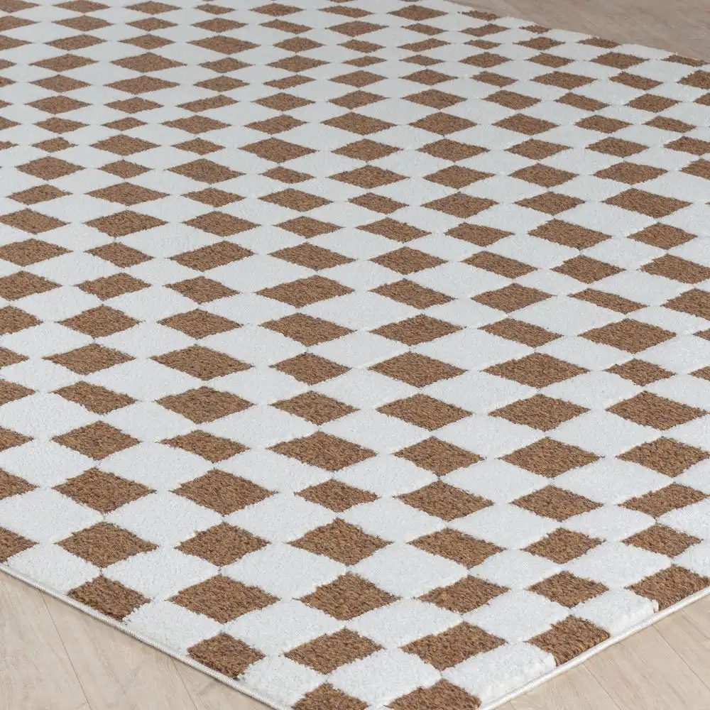 Irina Scandi Modern High Pile Ivory/Brown Checkered Rug - Image 7