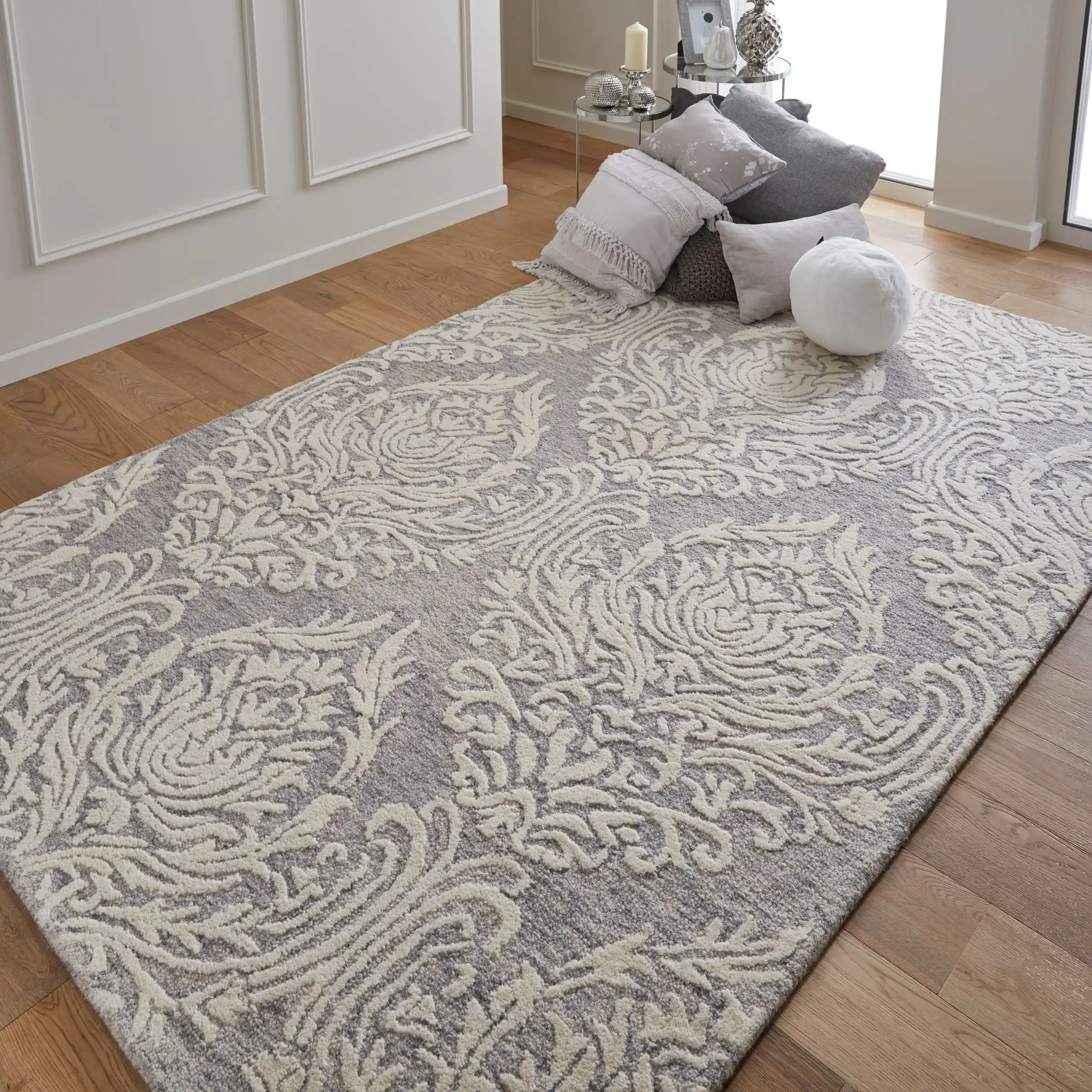 Hampton Damask Grey Cream Rug