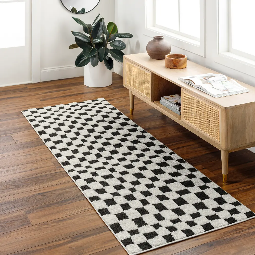 Irina Scandi Modern High Pile Black Checkered Rug - Image 10