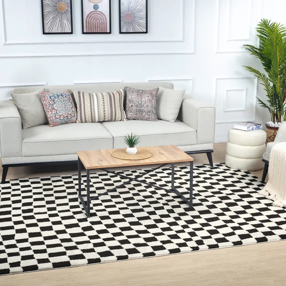 Irina Scandi Modern High Pile Black Checkered Rug - Image 2