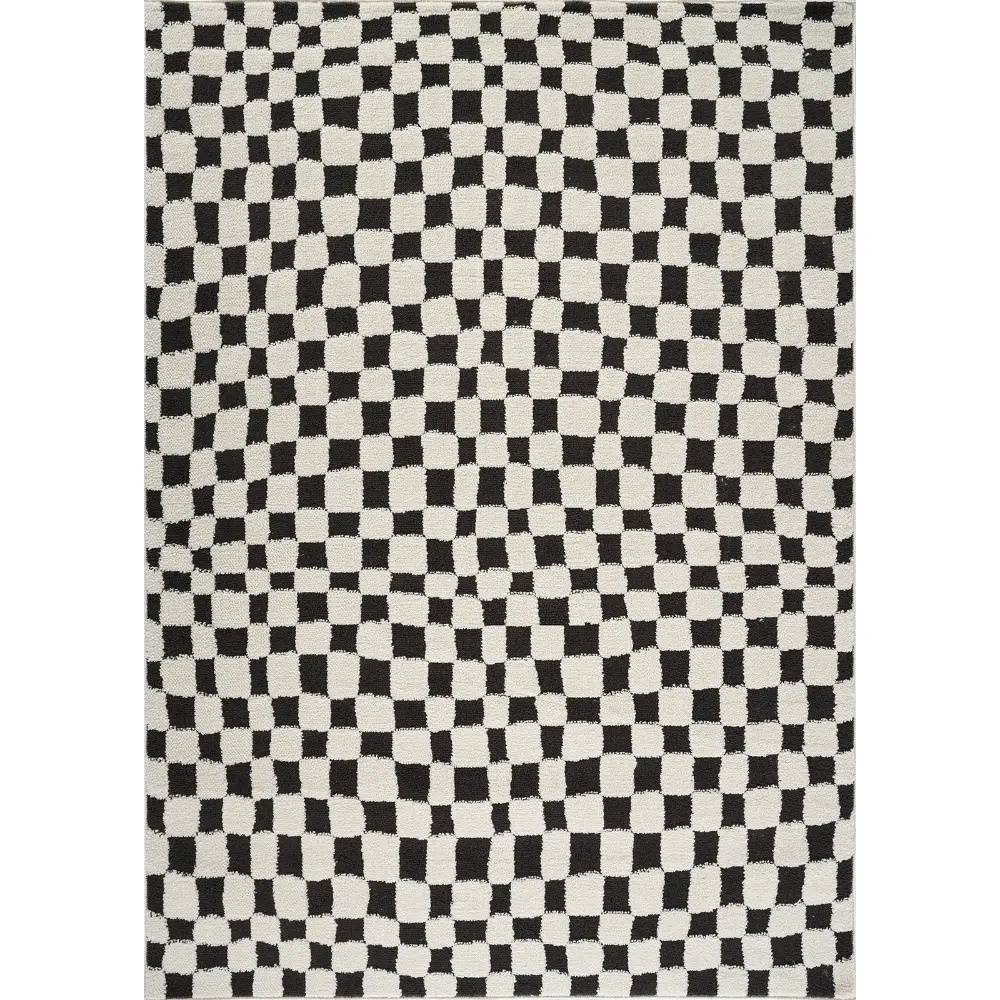 Irina Scandi Modern High Pile Black Checkered Rug - Image 3