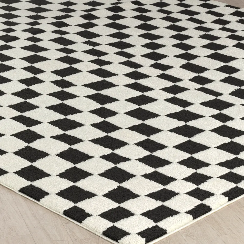 Irina Scandi Modern High Pile Black Checkered Rug - Image 4