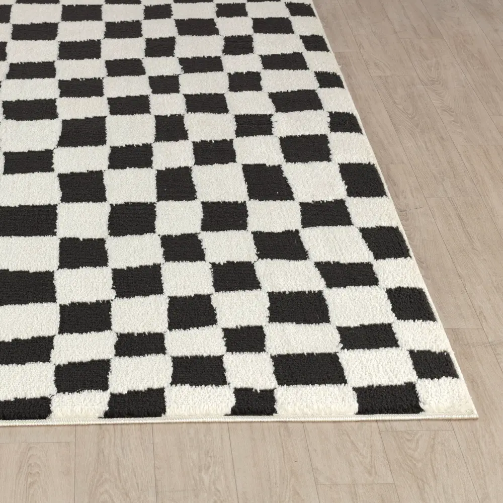 Irina Scandi Modern High Pile Black Checkered Rug - Image 6