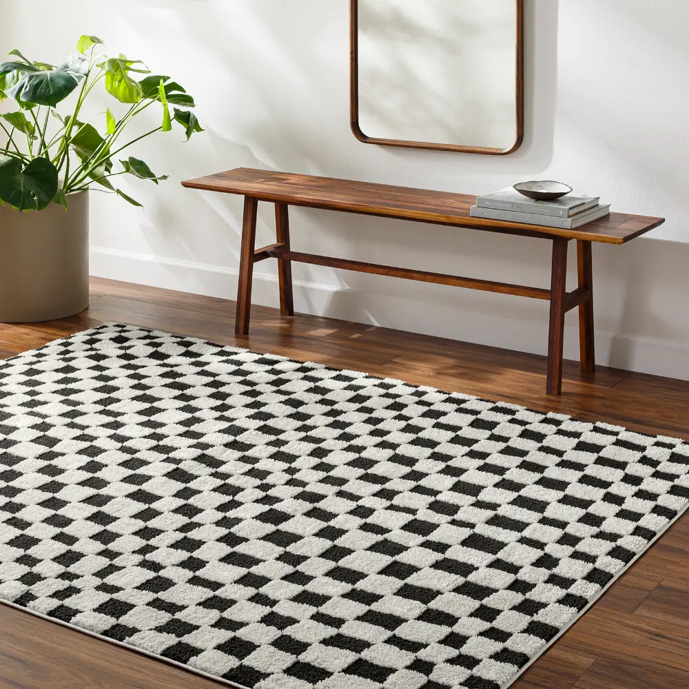 Irina Scandi Modern High Pile Black Checkered Rug - Image 8