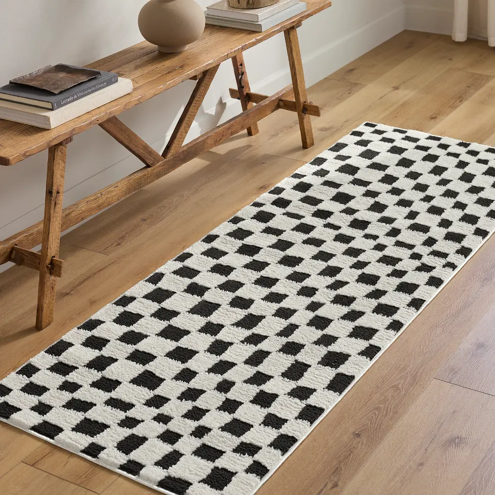 Irina Scandi Modern High Pile Black Checkered Rug - Image 9