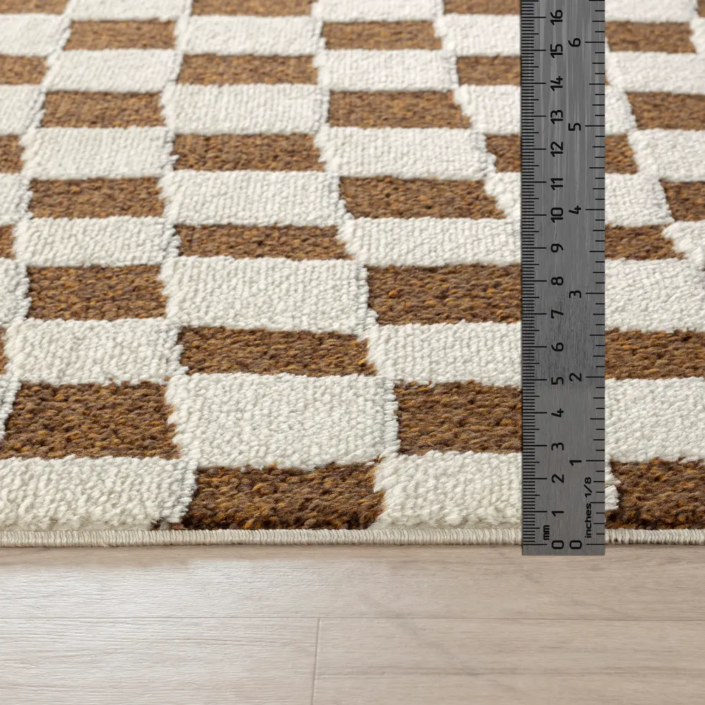 Irina Scandi Modern High Pile Brown Checkered Rug - Image 10