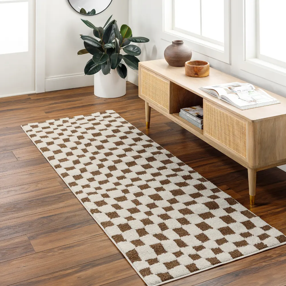 Irina Scandi Modern High Pile Brown Checkered Rug - Image 11