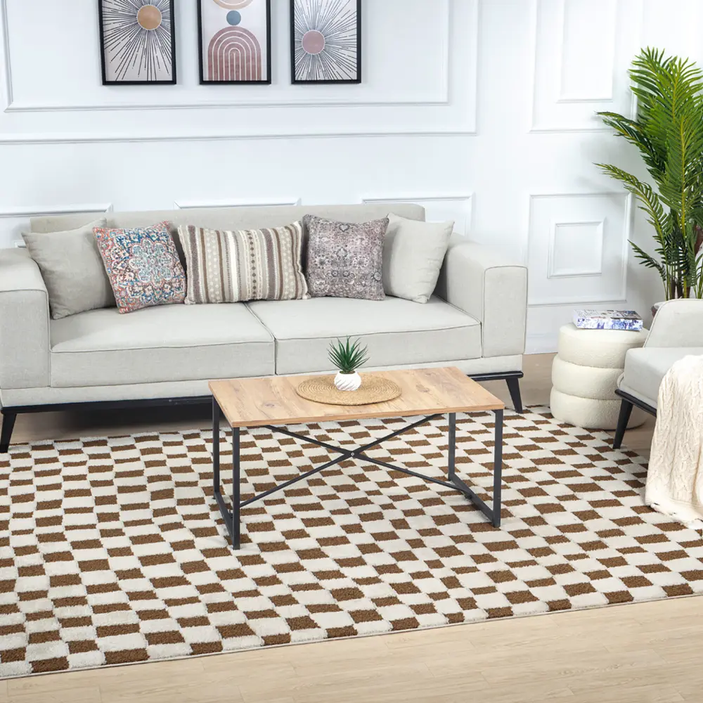 Irina Scandi Modern High Pile Brown Checkered Rug - Image 2