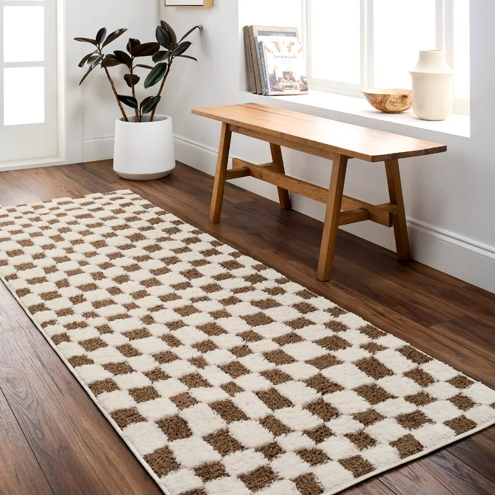 Irina Scandi Modern High Pile Brown Checkered Rug - Image 3