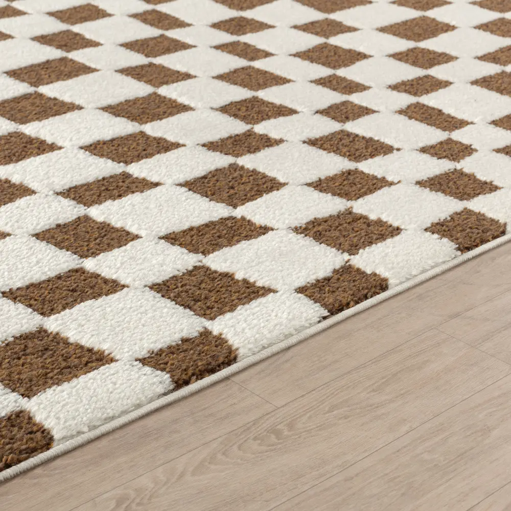 Irina Scandi Modern High Pile Brown Checkered Rug - Image 5