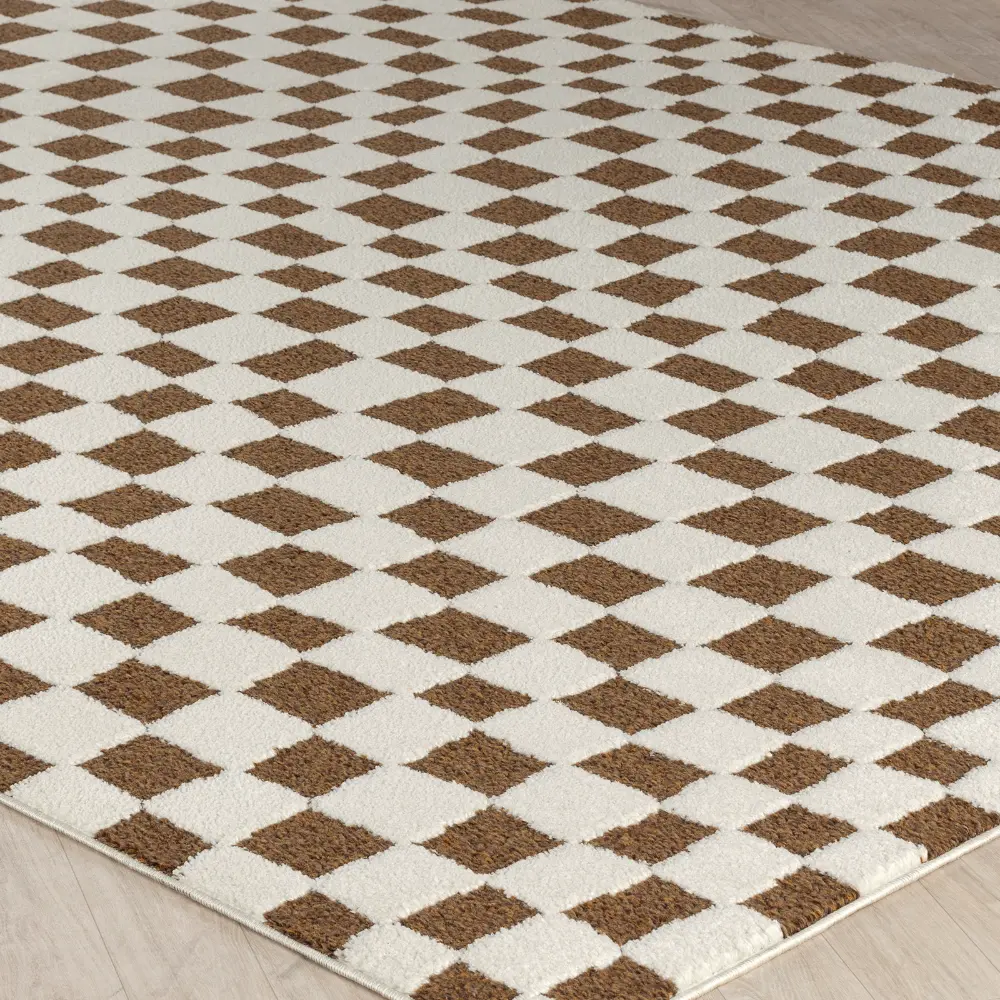 Irina Scandi Modern High Pile Brown Checkered Rug - Image 7
