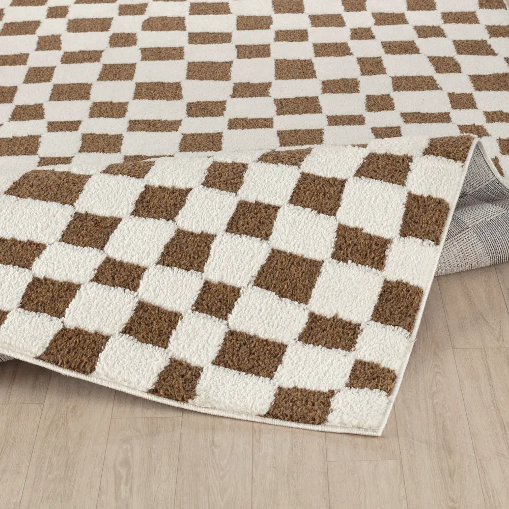 Irina Scandi Modern High Pile Brown Checkered Rug - Image 8