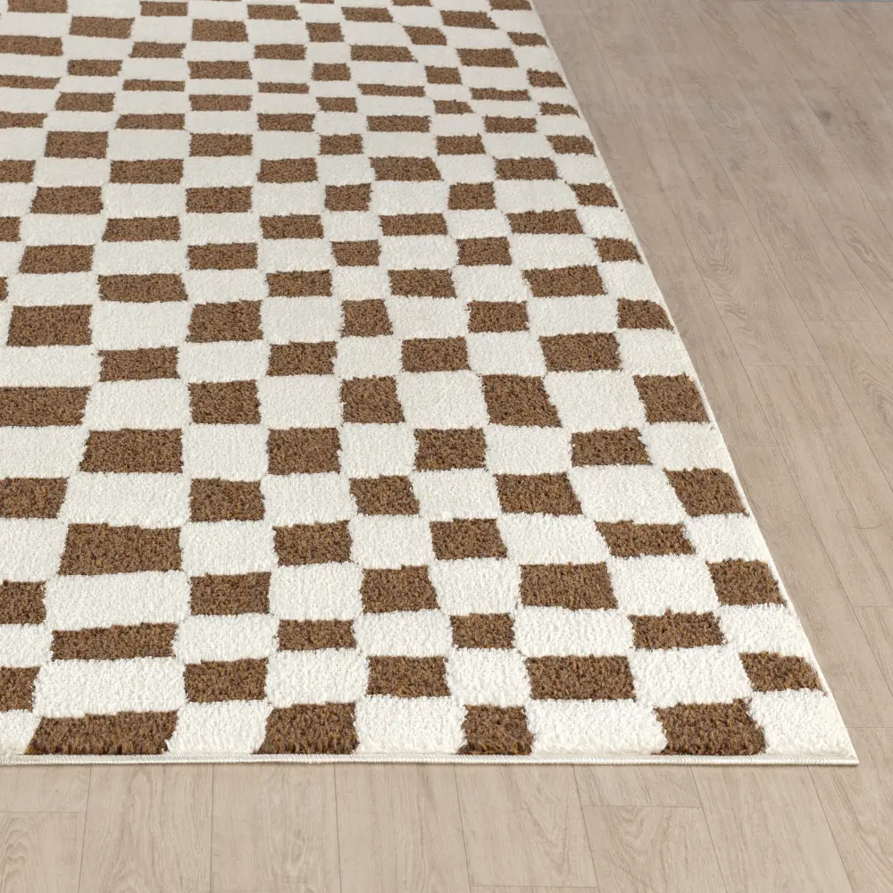 Irina Scandi Modern High Pile Brown Checkered Rug - Image 9