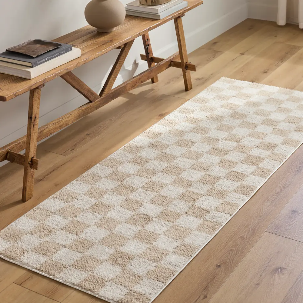 Izaline Machine Washable Checkered Shaggy Beige Rug - Image 2