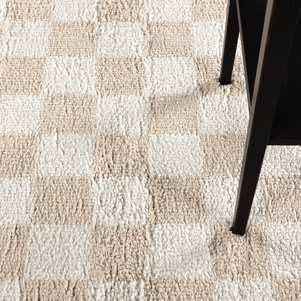 Izaline Machine Washable Checkered Shaggy Beige Rug - Image 3