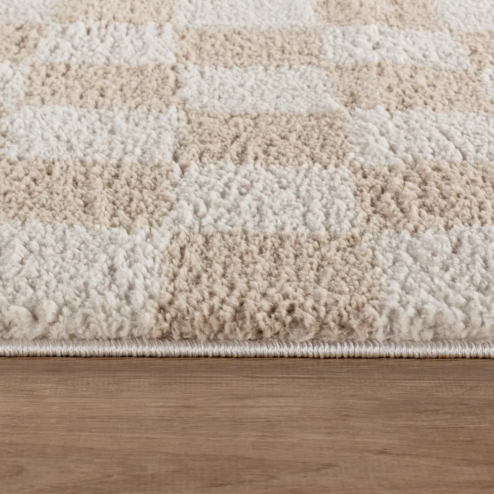 Izaline Machine Washable Checkered Shaggy Beige Rug - Image 9