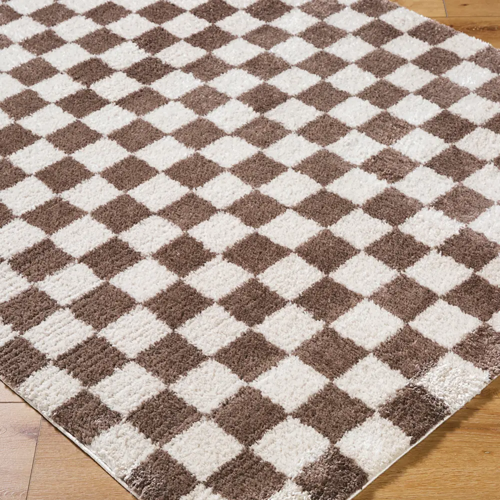 Izaline Machine Washable Checkered Shaggy Dark Brown Rug - Image 2