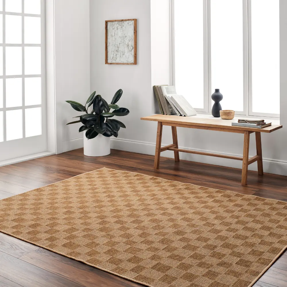Jerrie In- & Outdoor Jute-Look Medium Brown Checkered Rug - Image 2