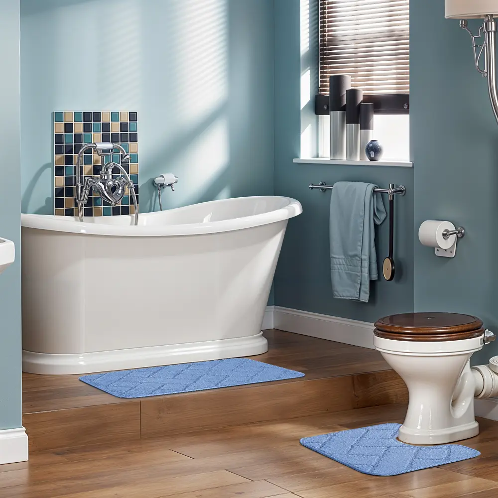 Juniper 2-Piece Machine Washable Non-Slip Blue Bathroom Rug Set - Image 4