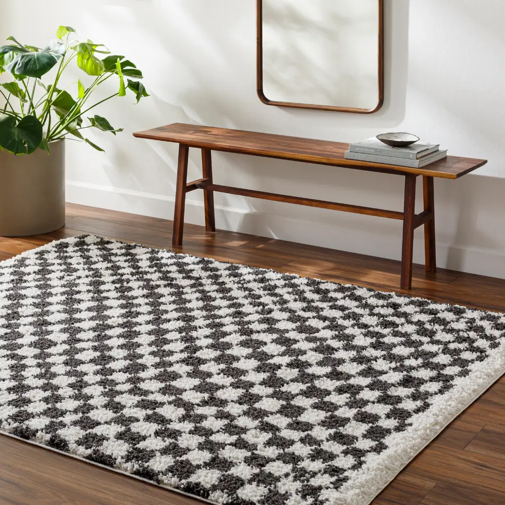 Kittu Shaggy Modern Plush Pile Dark Grey Checkered Rug - Image 2