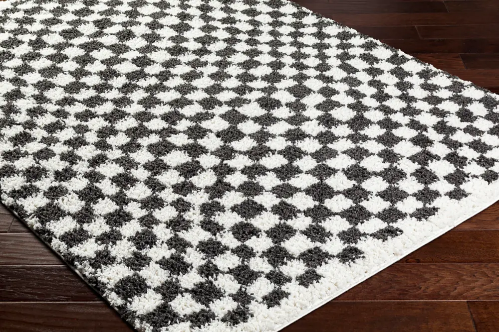 Kittu Shaggy Modern Plush Pile Dark Grey Checkered Rug - Image 4