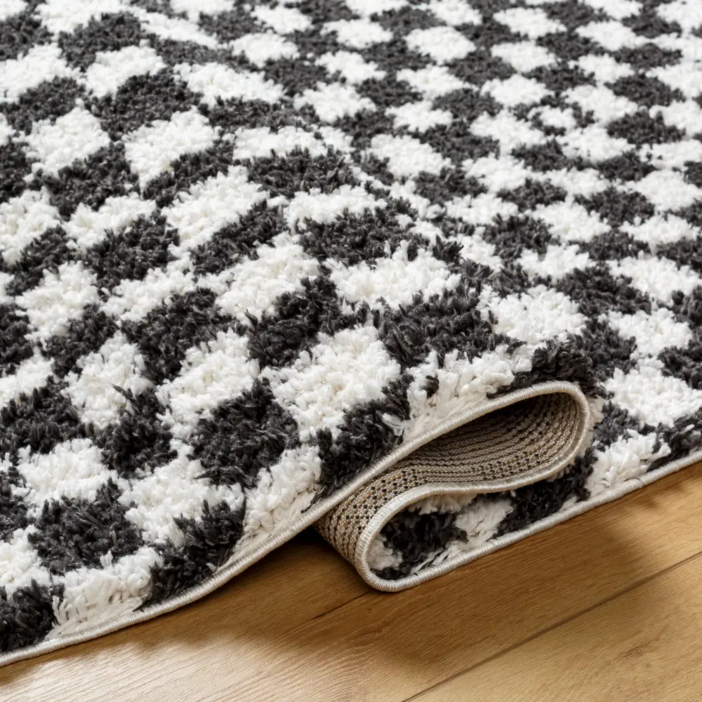 Kittu Shaggy Modern Plush Pile Dark Grey Checkered Rug - Image 5