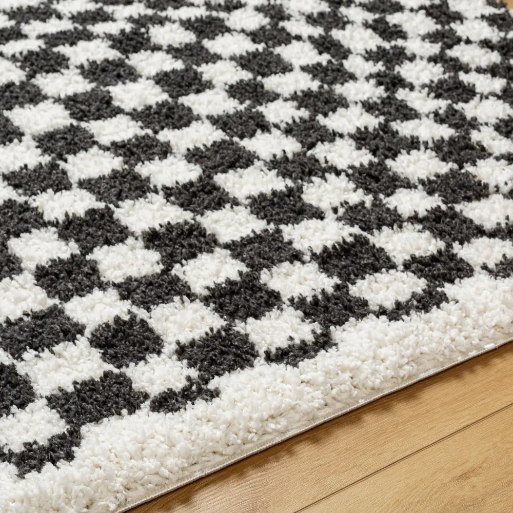 Kittu Shaggy Modern Plush Pile Dark Grey Checkered Rug - Image 7