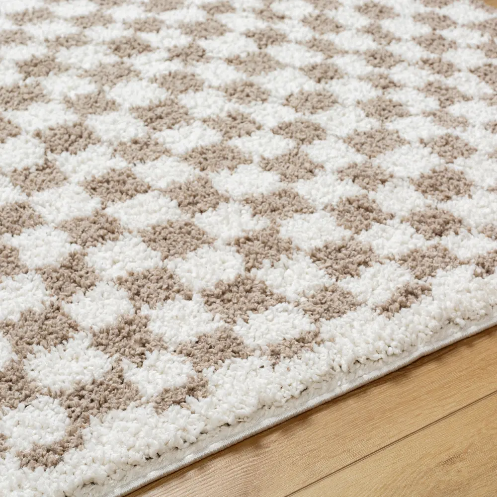 Kittu Shaggy Modern Plush Pile Light Brown Checkered Rug - Image 2