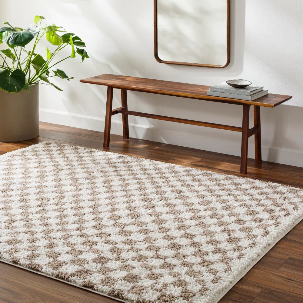 Kittu Shaggy Modern Plush Pile Light Brown Checkered Rug - Image 3