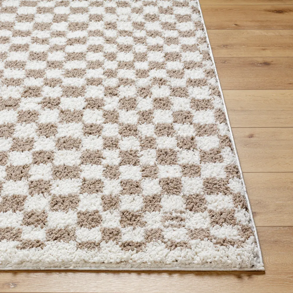 Kittu Shaggy Modern Plush Pile Light Brown Checkered Rug - Image 7