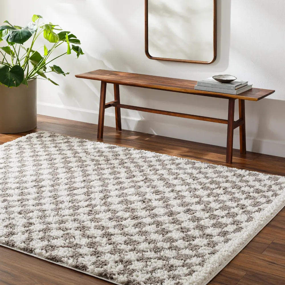Kittu Shaggy Modern Plush Pile Light Grey Checkered Rug - Image 2